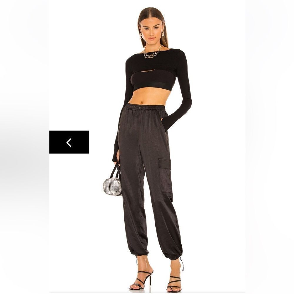 Superdown Rita Cargo Pants Black satin track jogger pull on Revolve L